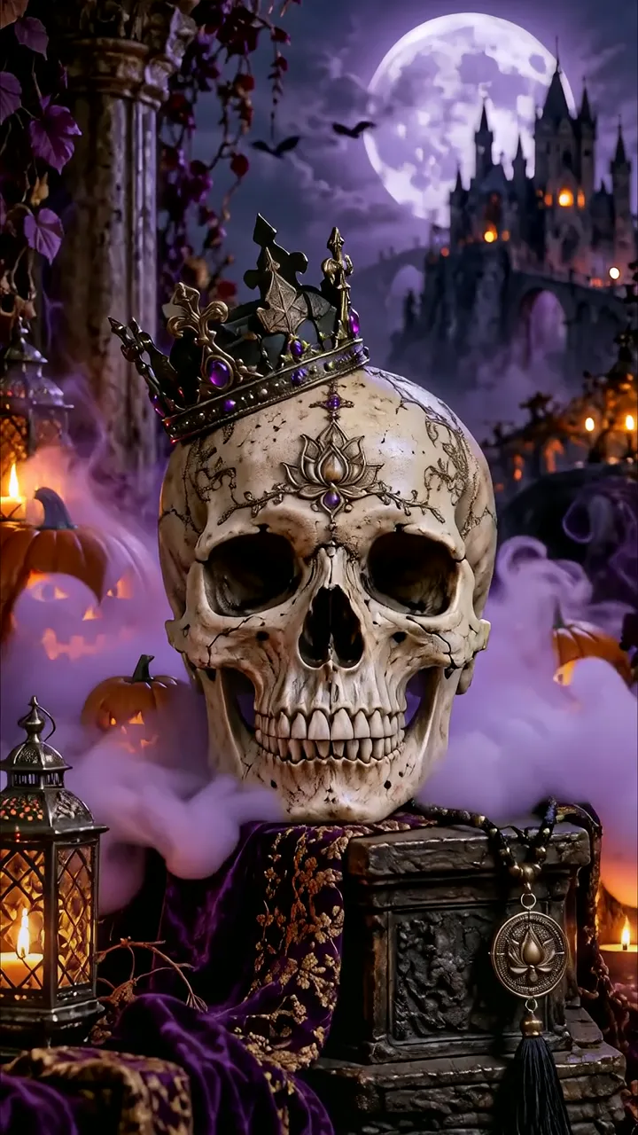 Regal Skull With Crown And Purple Aura Halloween Scene