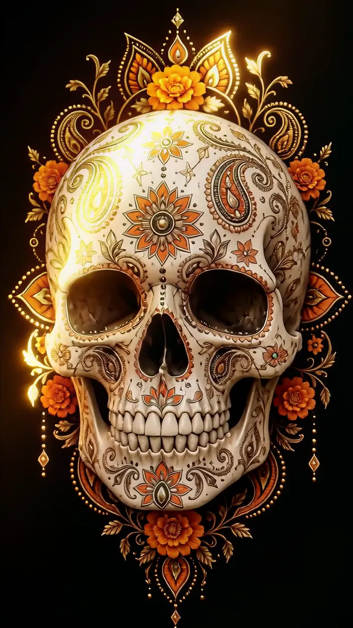 Decorated Sugar Skull With Orange Flowers And Golden Glow