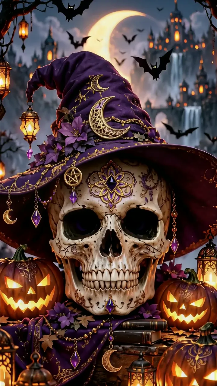 Skeletal Witch With Purple Hat And Pumpkin Halloween Scene