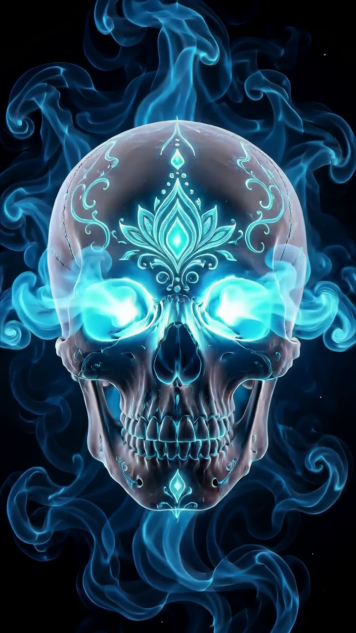 Glowing Blue Skull With Lotus Tattoo And Mystic Smoke
