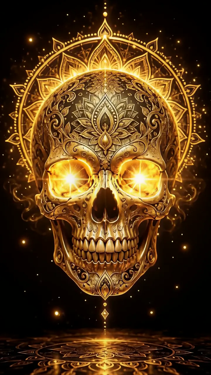 Golden Sacred Skull With Lotus And Mandala Glow