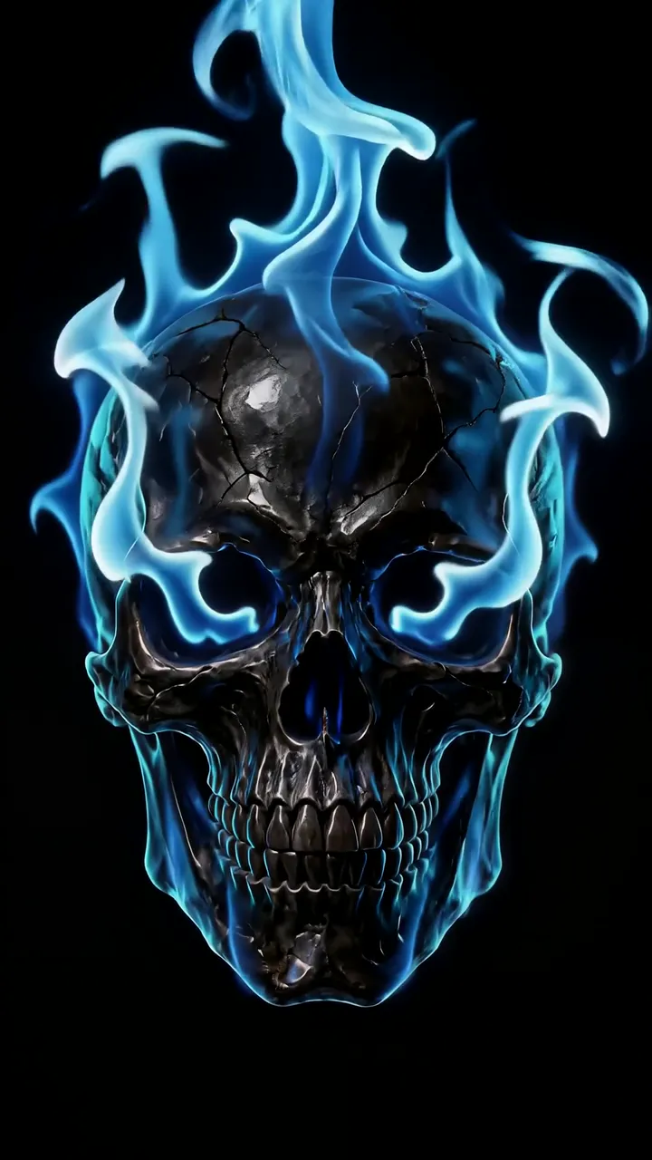 Blue Flame Skull With Cracked Texture And Glowing Effect