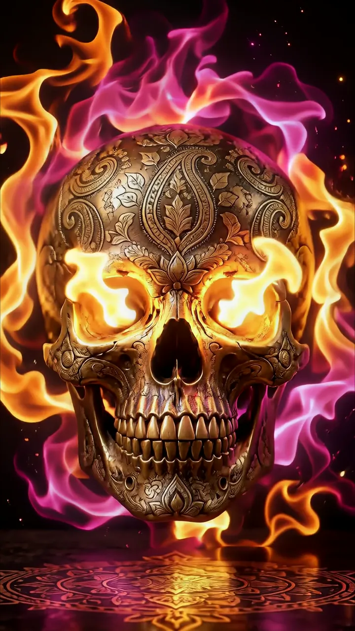 Golden Ornate Skull With Fiery Eyes And Flame Aura