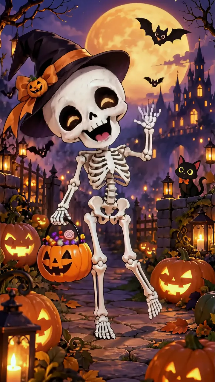 Cute Skeleton Witch With Pumpkin And Bats Halloween