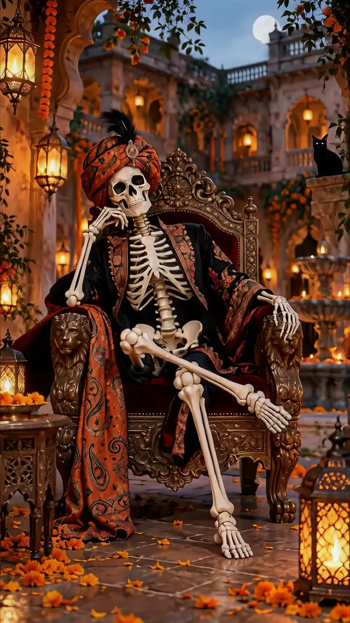 Royal Skeleton King In Ornate Throne With Black Cat