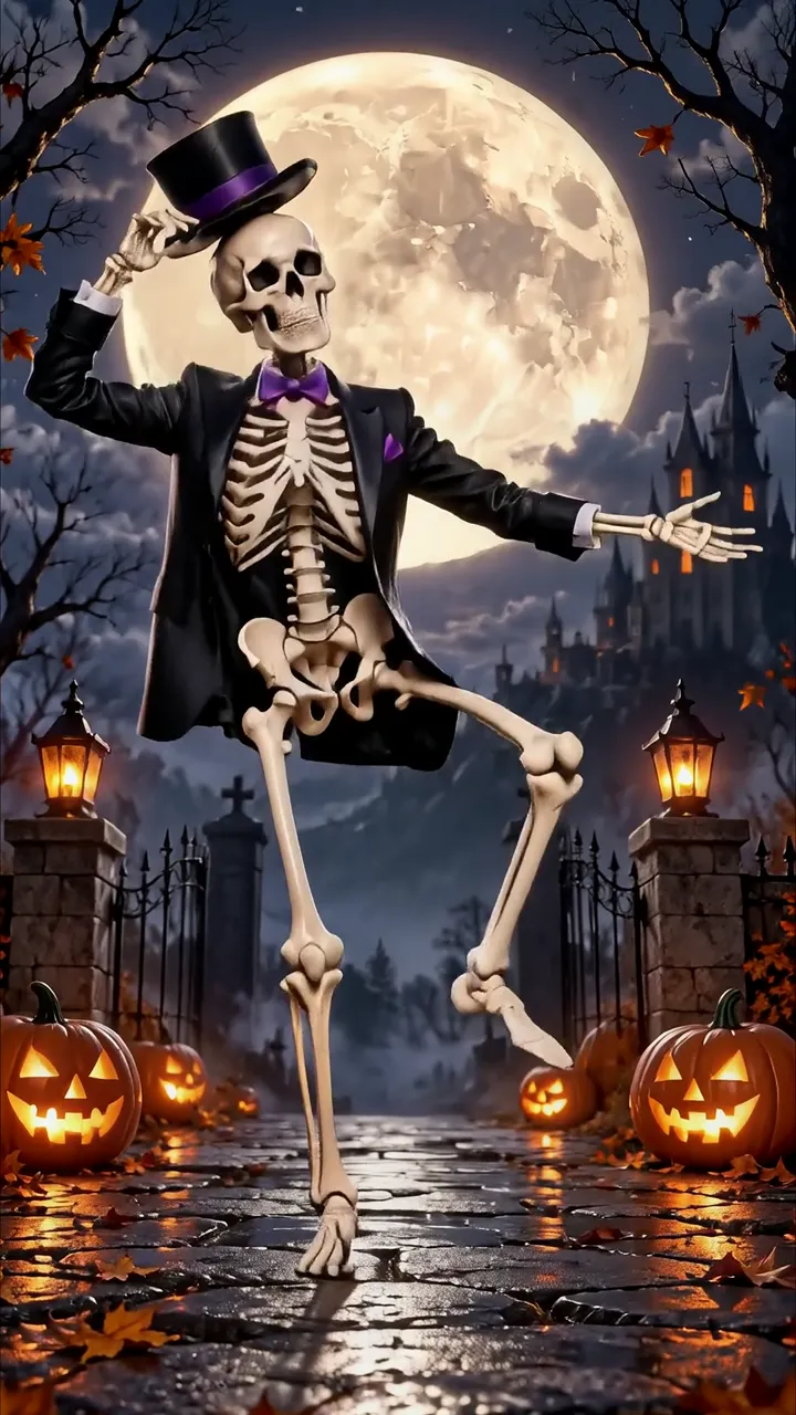 Elegant Dancing Skeleton In Halloween Suit With Full Moon