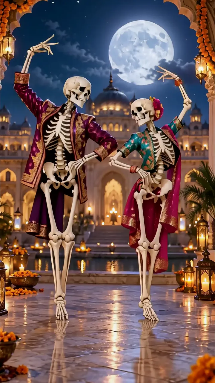 Skeletal Couple Dancing Under Full Moon In Indian Palace