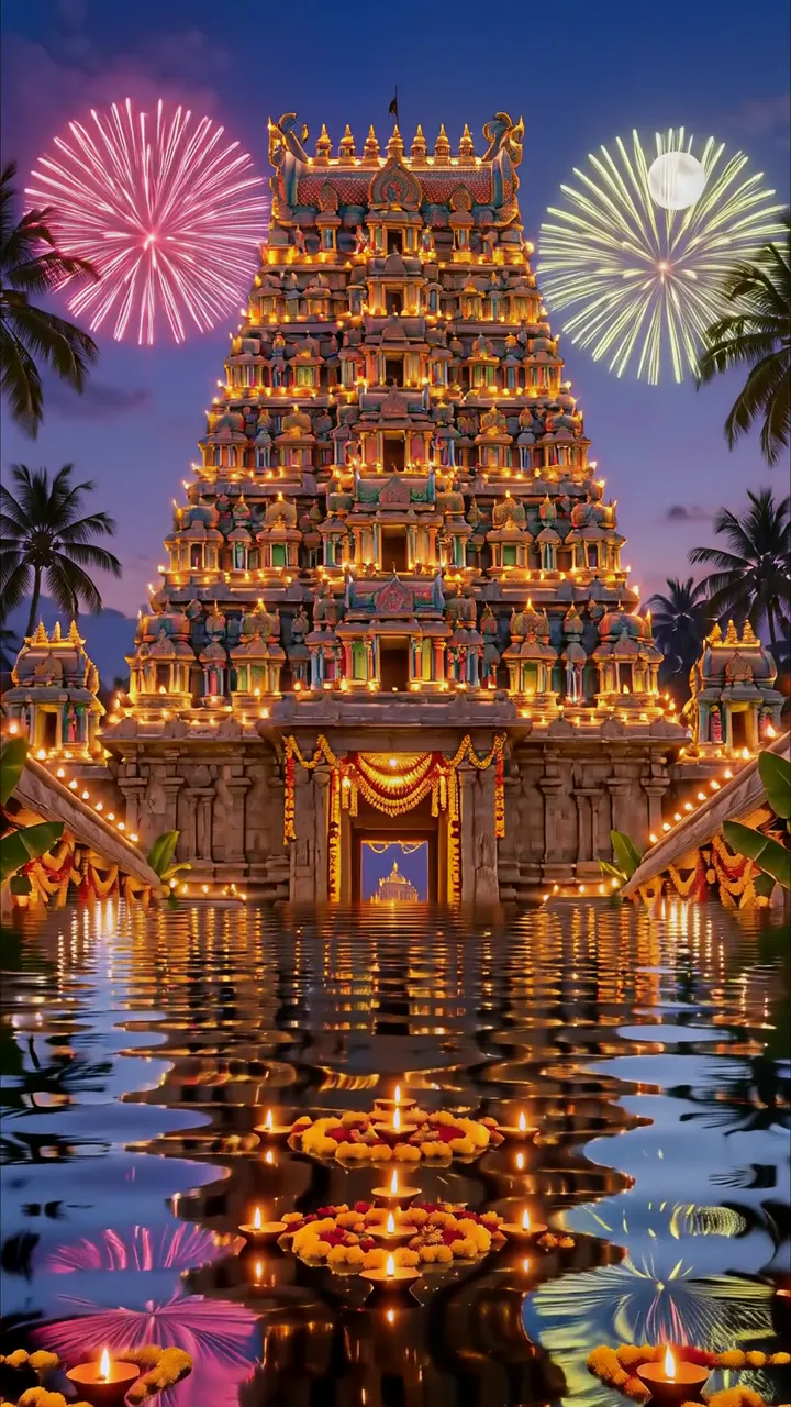 Grand Temple Festival With Fireworks And Floating Diyas