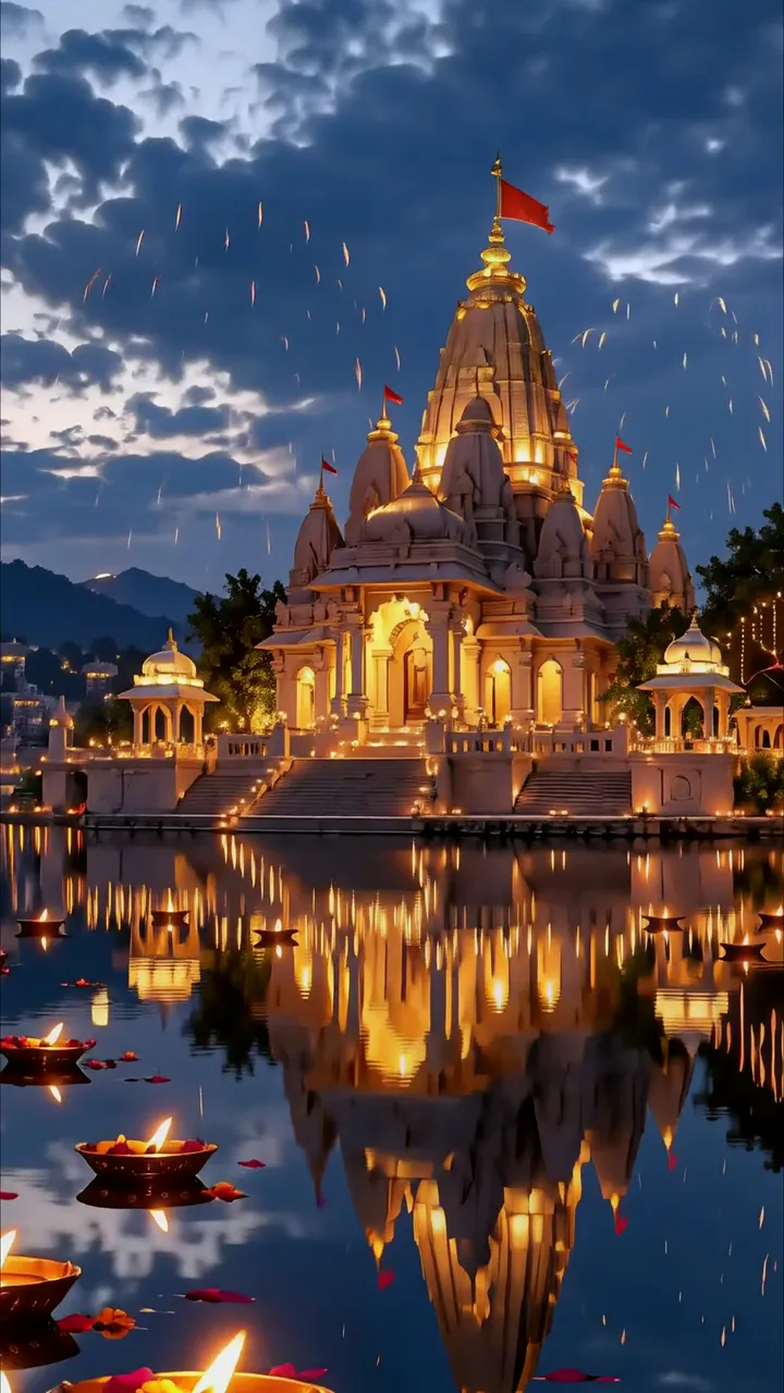 Glowing Temple Reflection With Floating Diwali Lights