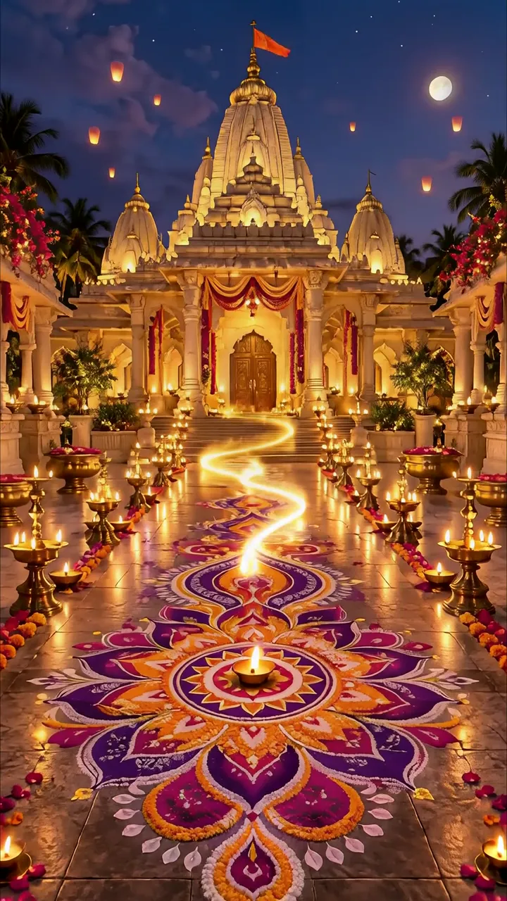 Diwali Festival Temple With Golden Lights And Floral Rangoli