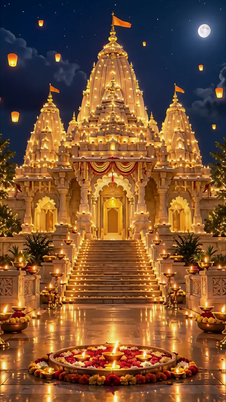 Glowing Temple Night Scene With Floating Lanterns And Full Moon