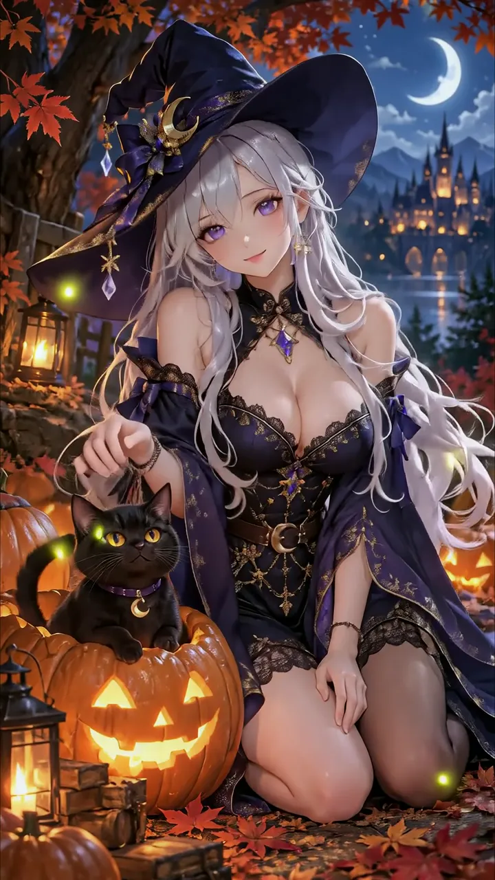 Anime Witch With Black Cat And Pumpkin Halloween Scene