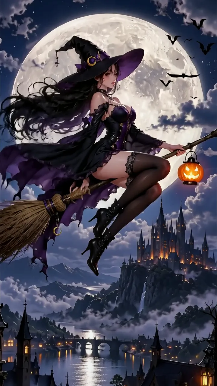 Dark Witch Flying On Broom With Pumpkin Lantern Halloween