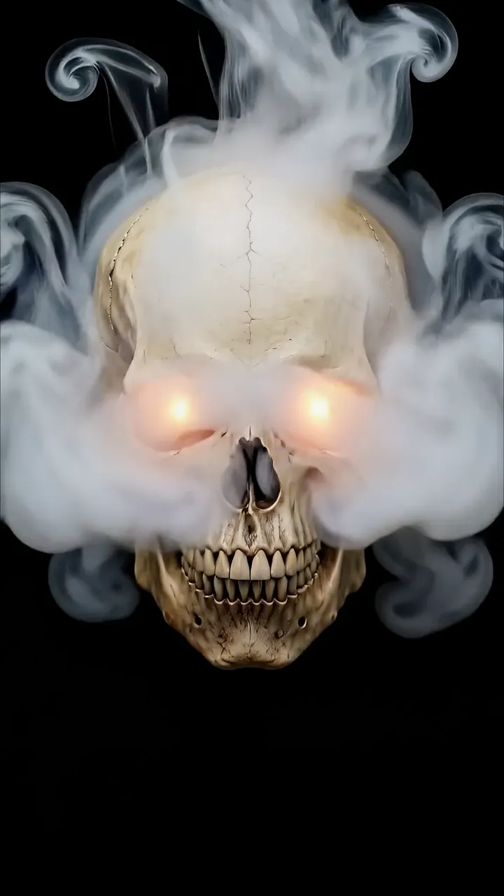 Glowing Eyes Human Skull With Smoke And Crack