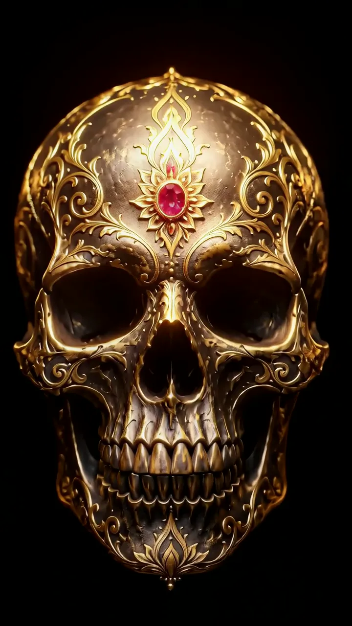 Golden Ornate Skull With Red Ruby And Intricate花纹
