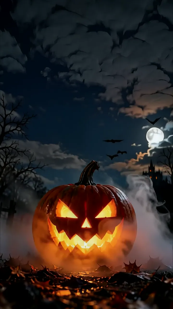 Glowing Halloween Pumpkin With Bats And Full Moon