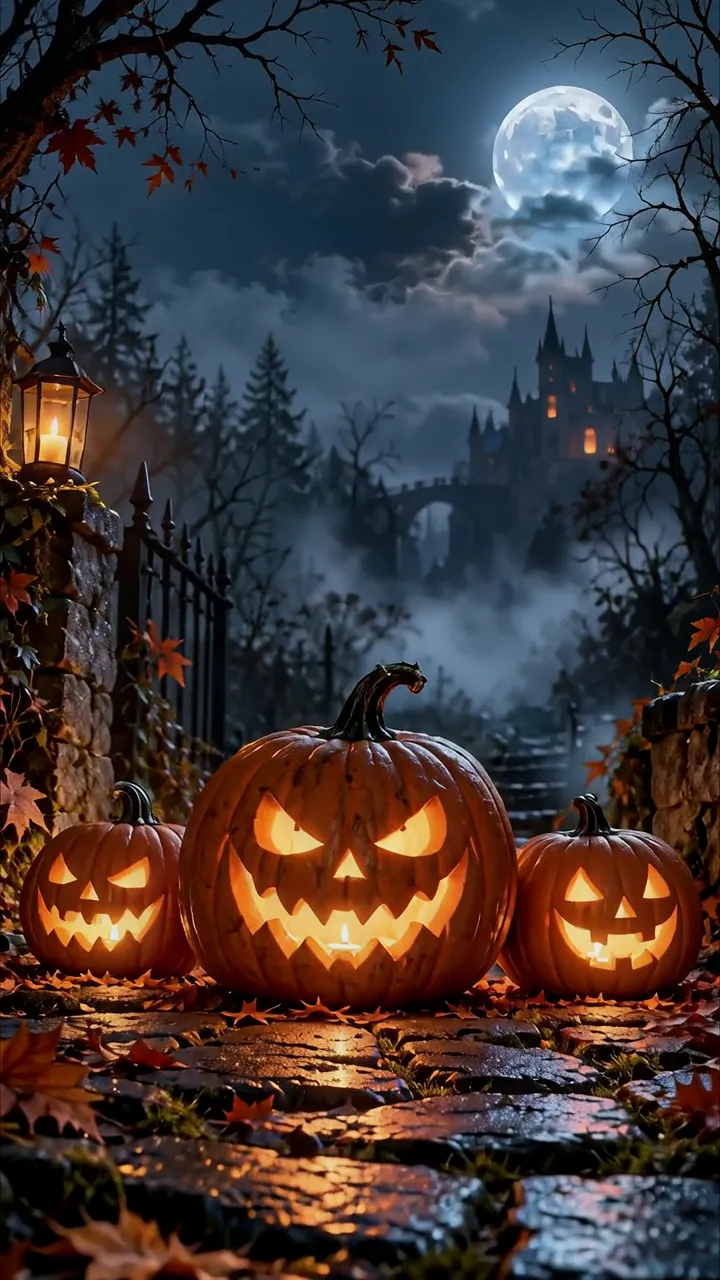 Three Glowing Jack-o'-Lanterns On Cobblestone Path With Haunted Castle