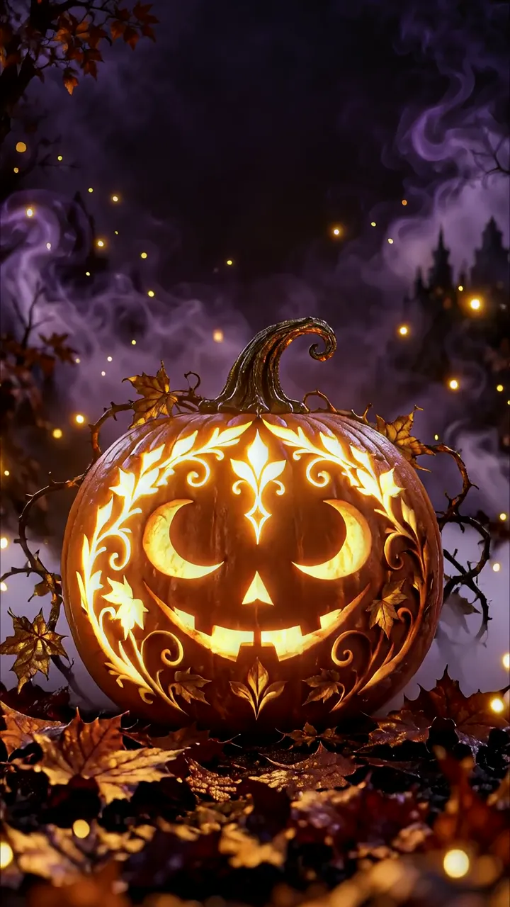 Glowing Ornate Pumpkin With Moon Design Halloween
