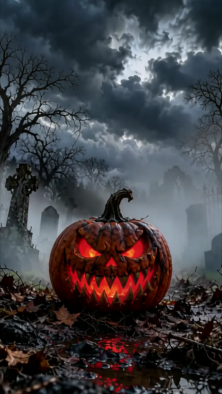 Glowing Jack-o'-Lantern In Haunted Graveyard Halloween Scene