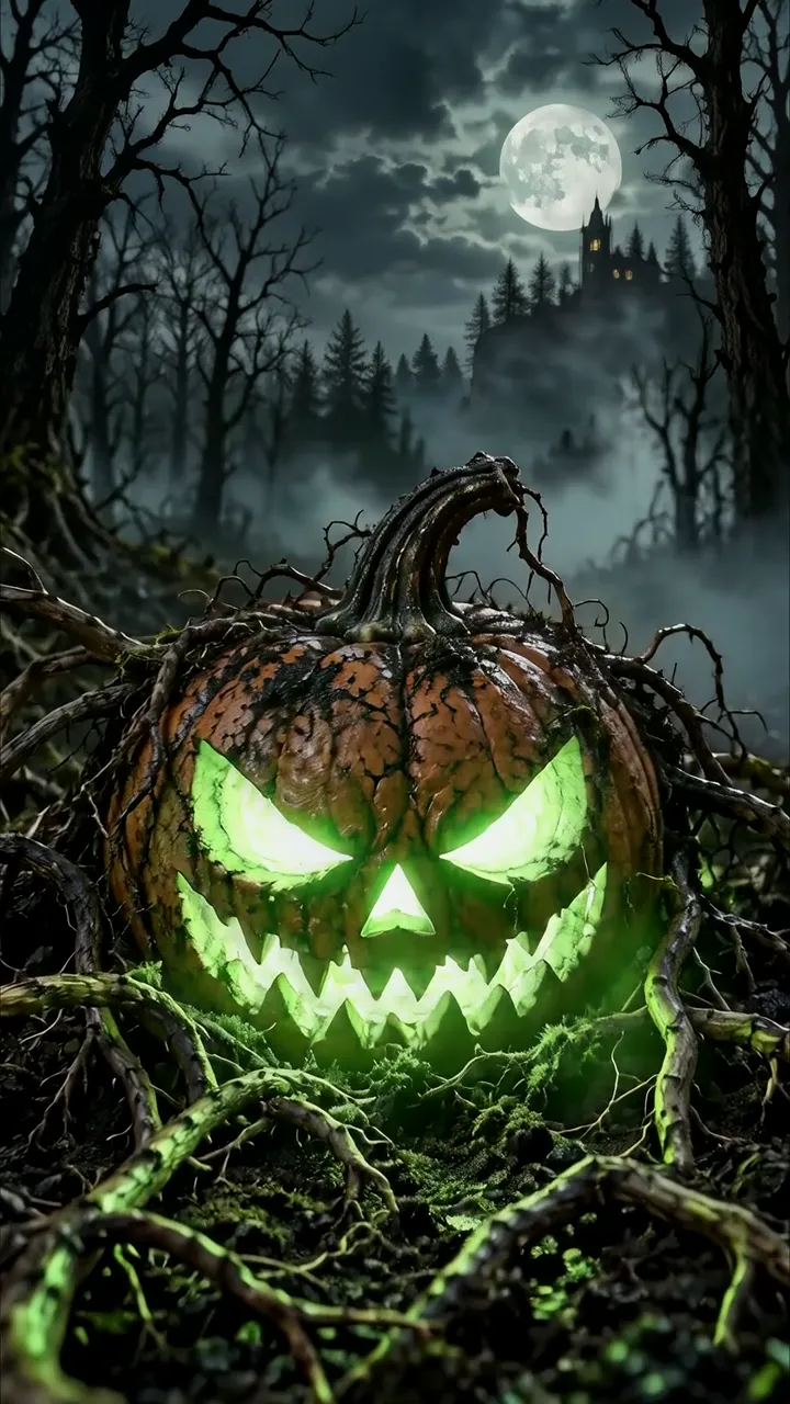Glowing Green Eyed Halloween Pumpkin In Dark Forest