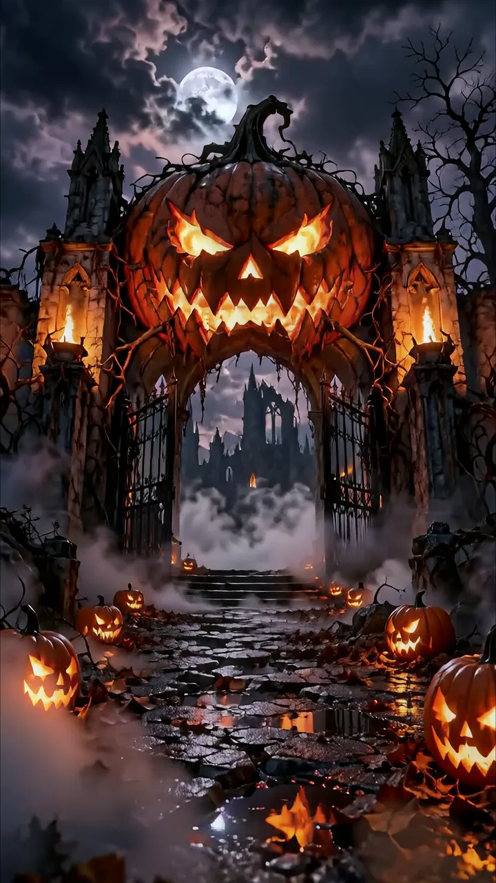 Giant Pumpkin Gate Halloween Horror Scene With Moon And Fog