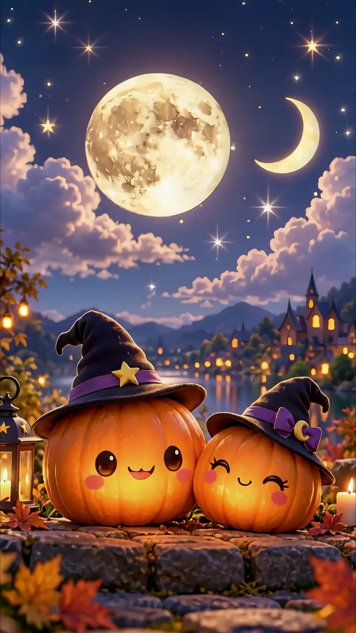Cute Pumpkin Couple In Witch Hats Halloween Night Scene