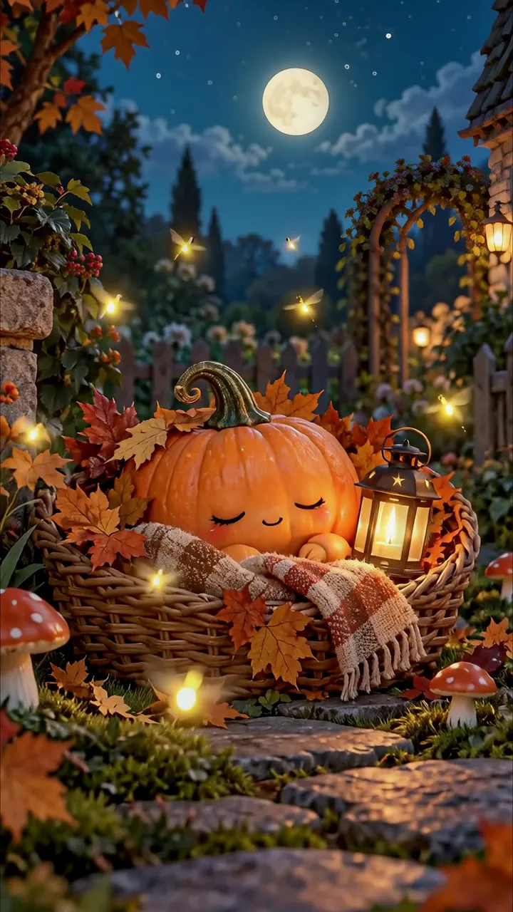 Cute Sleeping Pumpkin In Autumn Garden With Moon And Lantern