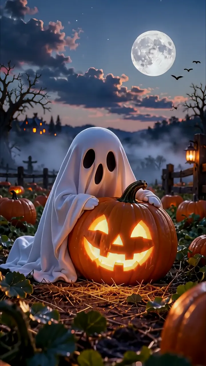 Ghost Hugging Jack-o'-Lantern Under Full Moon Halloween
