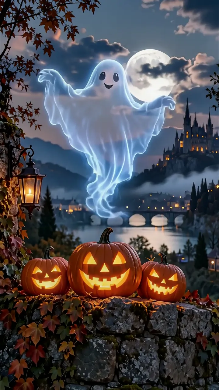 Cute Floating Ghost With Three Jack O Lanterns Halloween