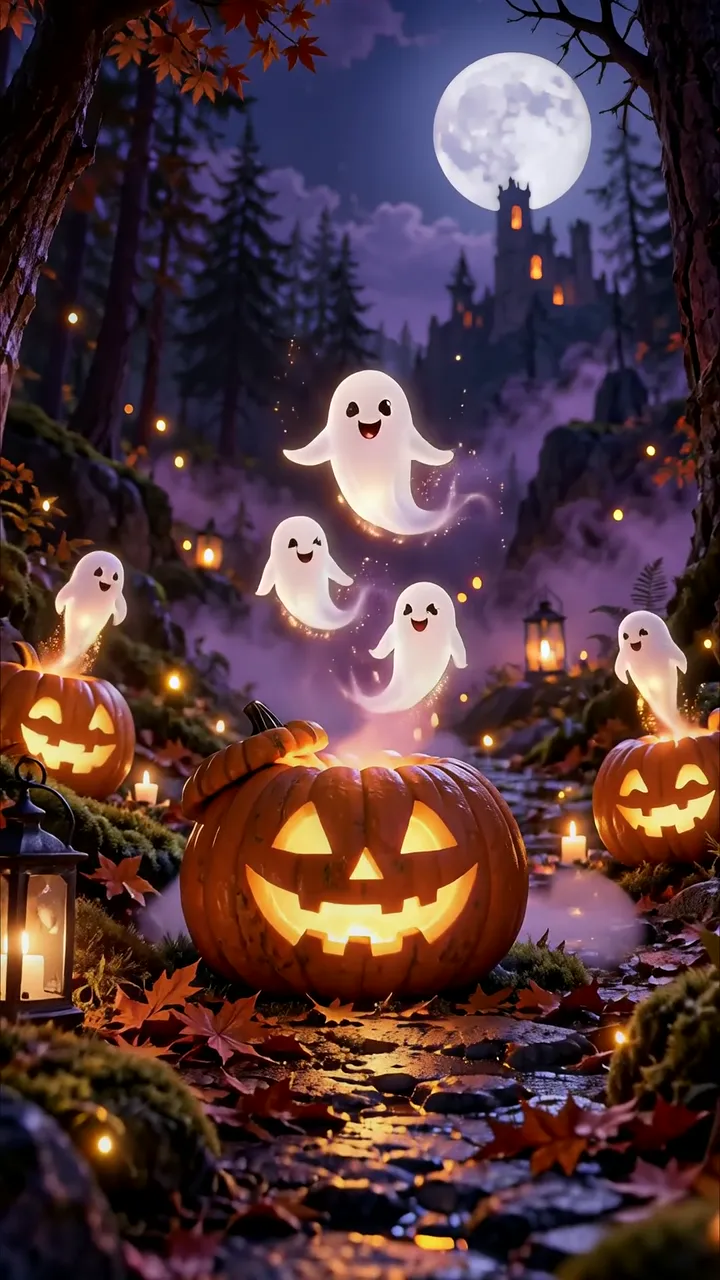 Cute Ghosts Floating Among Pumpkin Lanterns Halloween Night