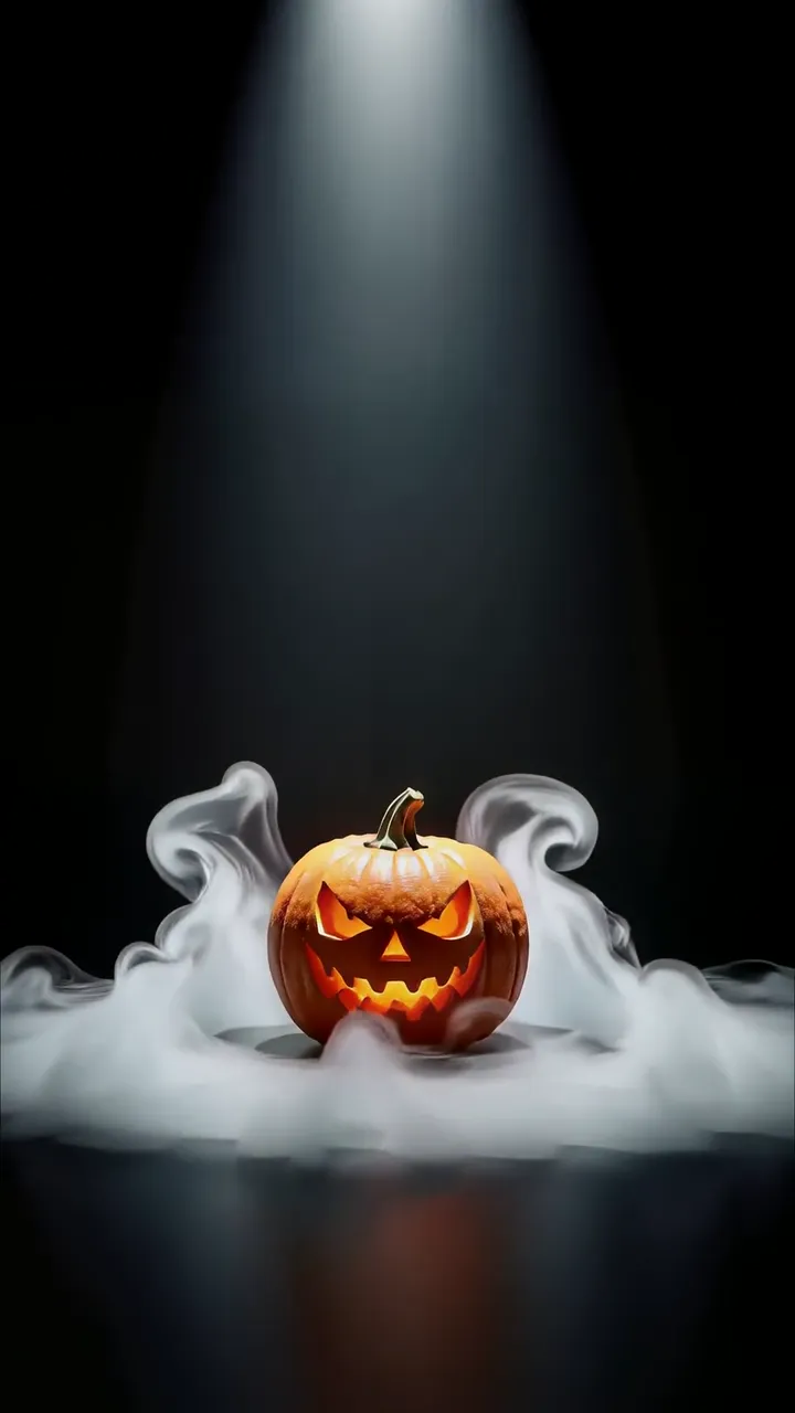 Glowing Halloween Pumpkin Under Spotlight With Smoke