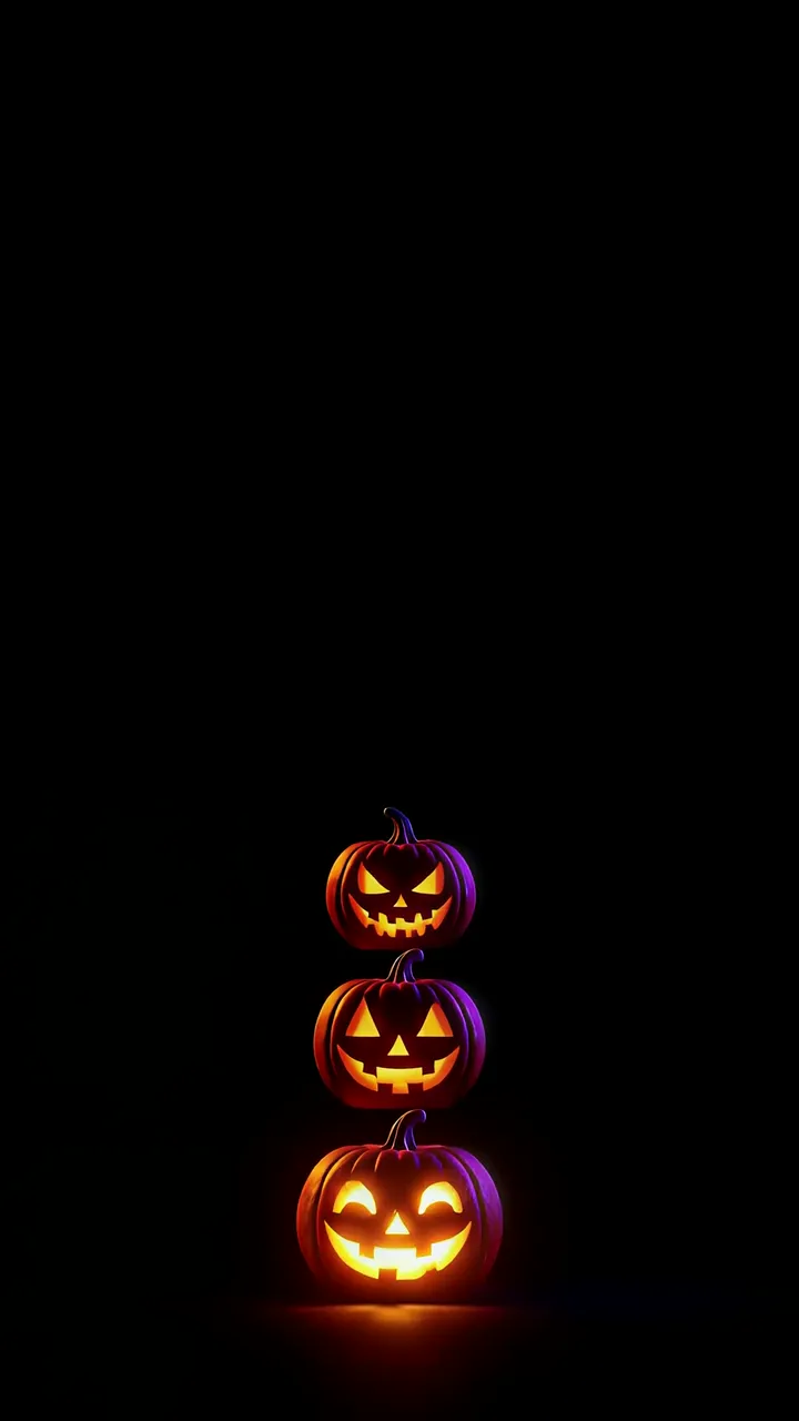 Three Stacked Halloween Pumpkins With Glowing Faces