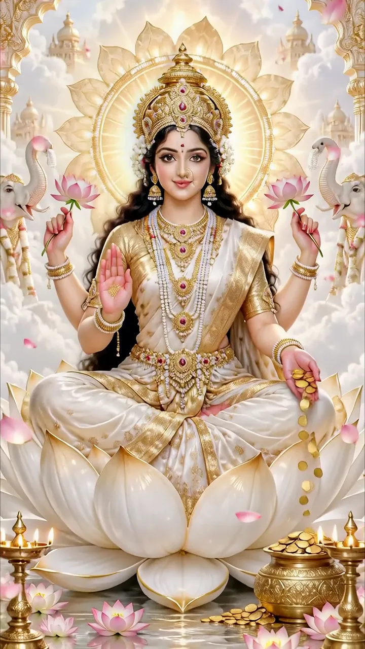 Lakshmi Devi Wealth Goddess With Lotus And Elephants
