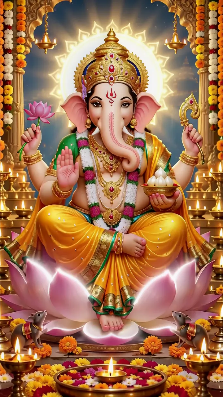 Ganesha Hindu God With Lotus And Mouse Devotional Scene