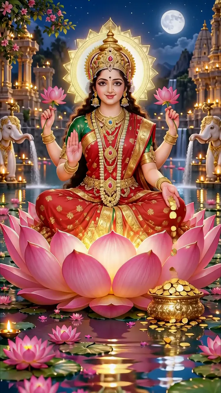 Lakshmi Devi Sitting On Lotus With Moon And Temple Background
