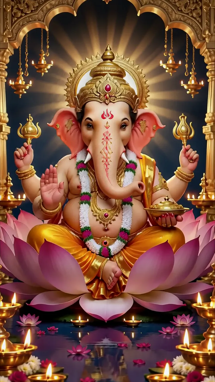 Ganesha Devotional Sitting On Pink Lotus With Golden Aura
