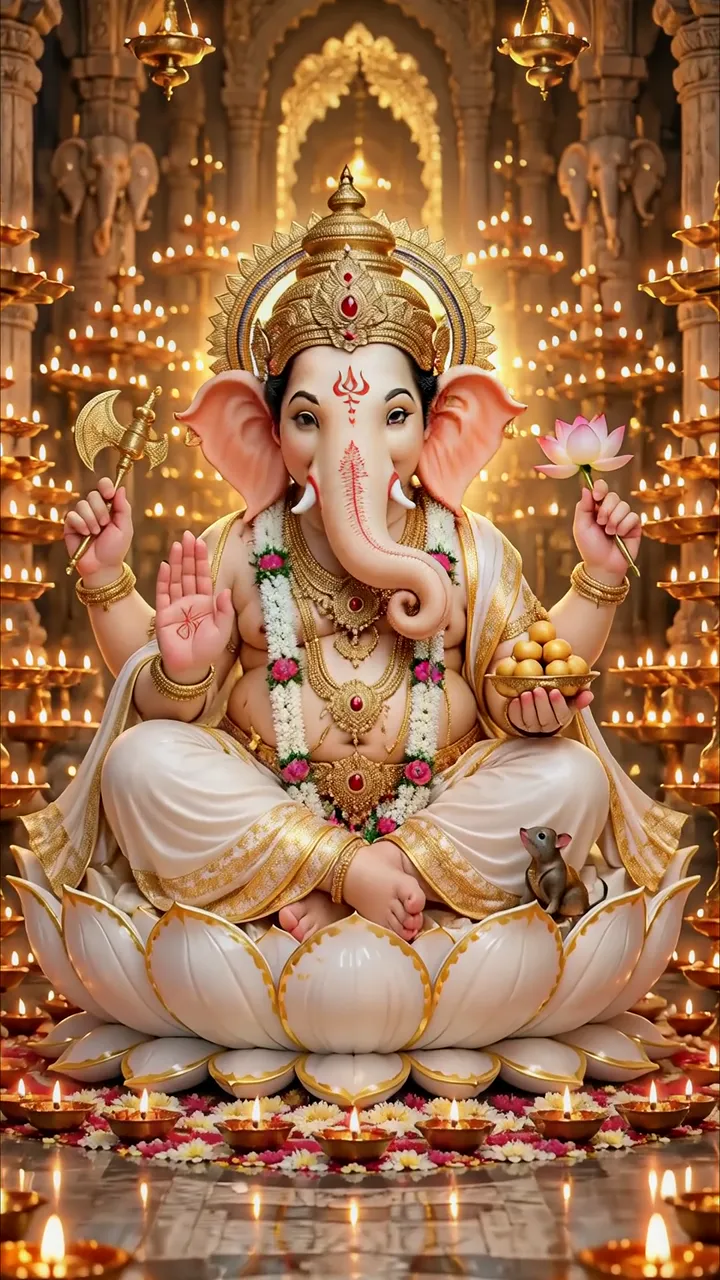 Ganesha Devotional Temple Scene With Lotus And Mouse