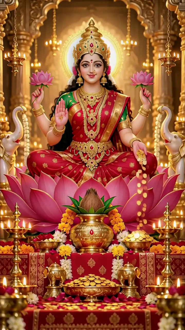 Goddess Lakshmi Seated On Pink Lotus With Golden Lotus And Candles