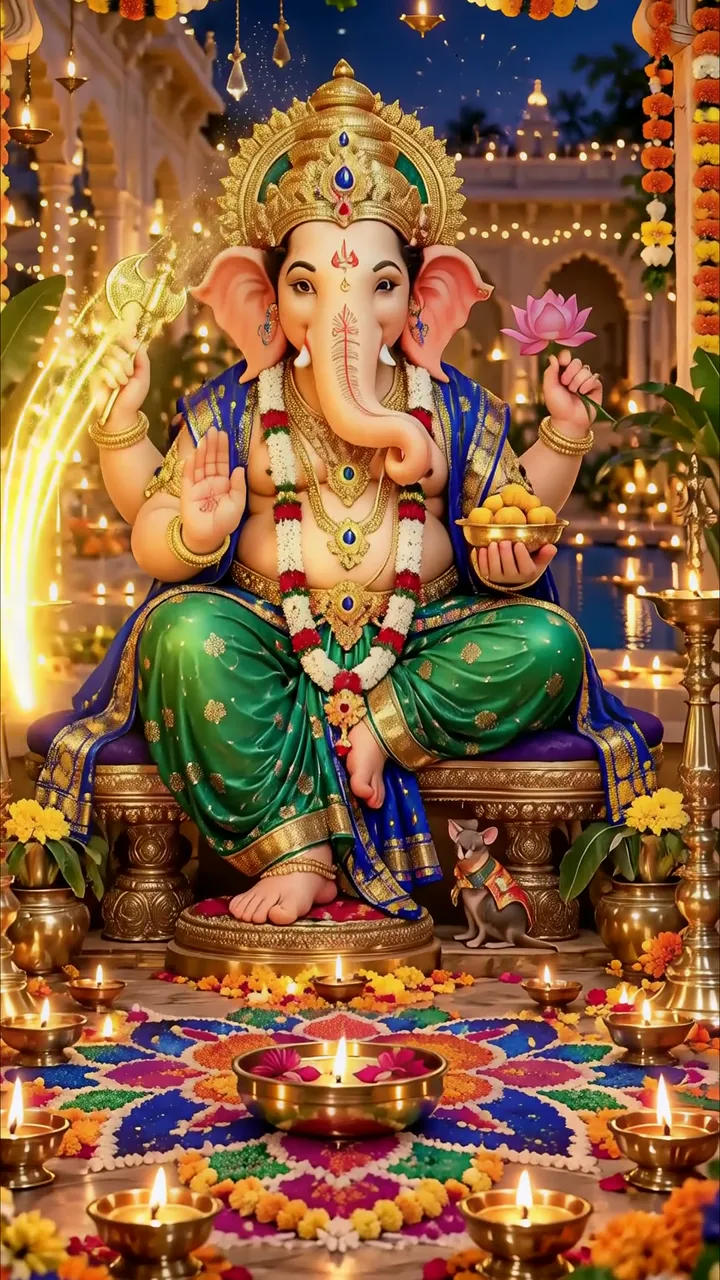 Ganesha With Lotus And Modak In Temple Scene