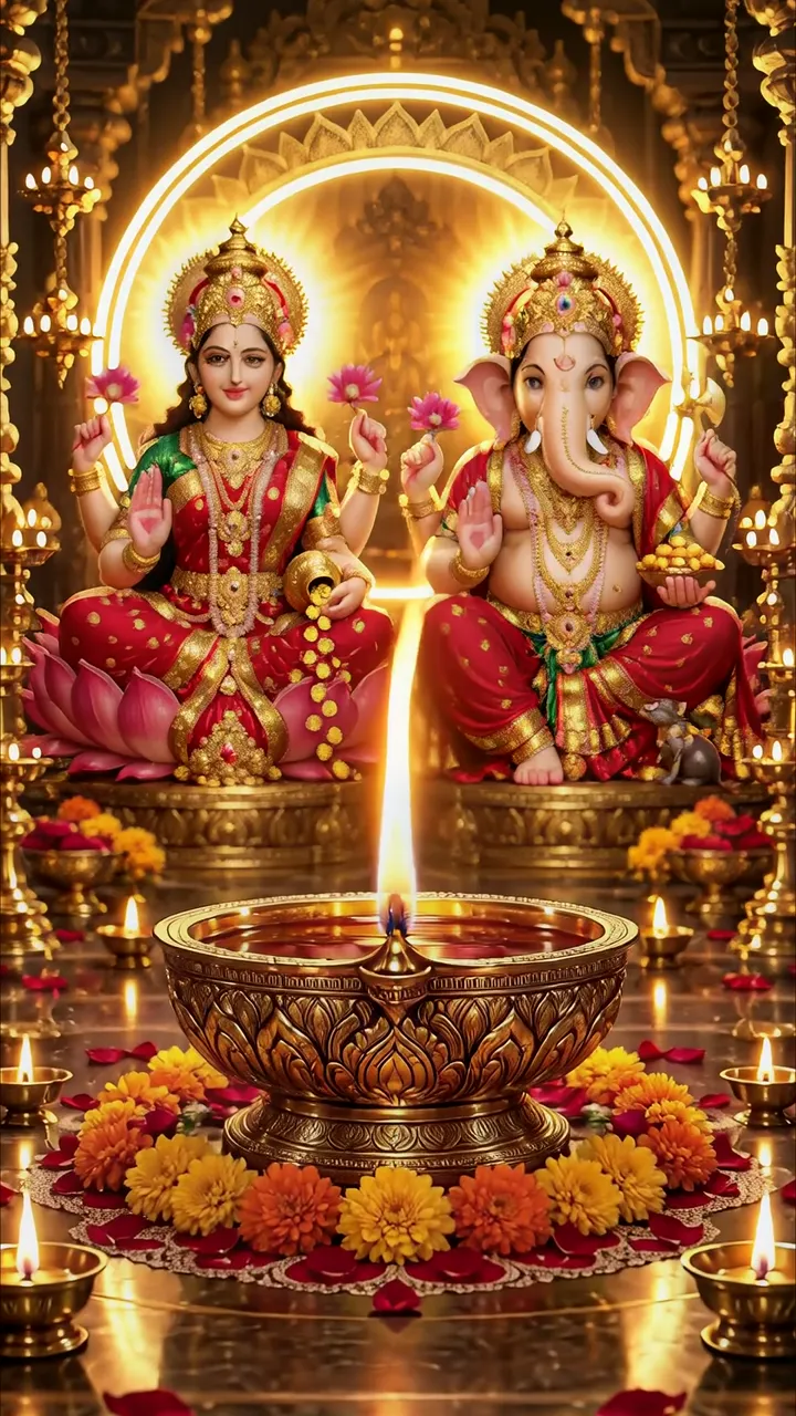 Ganesha And Goddess Lakshmi Divine Temple Scene With Golden Aura