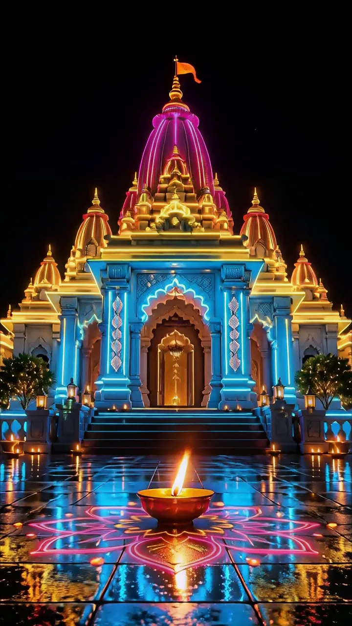 Glowing Hindu Temple With Blue Neon Lights And Diya