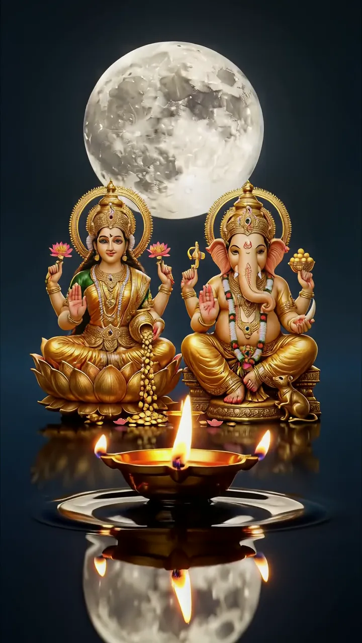 Ganesha And Lakshmi Divine Moonlight Temple Scene