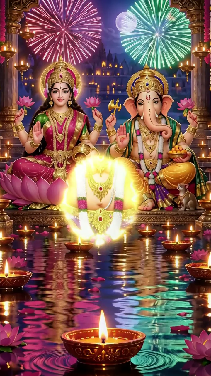 Ganesha And Lakshmi Devi Festival Celebration With Fireworks And Diwali Lights