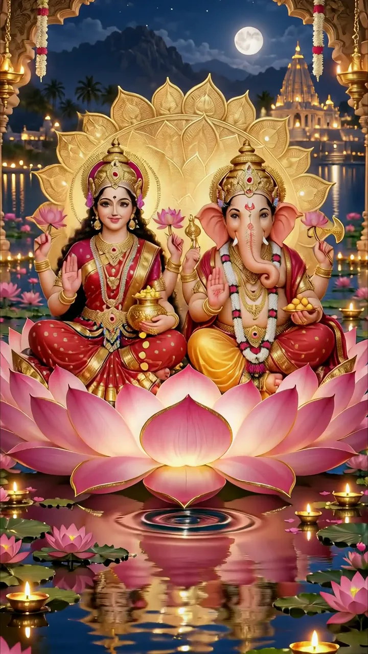 Radha Krishna Divine Lotus Temple Night Scene