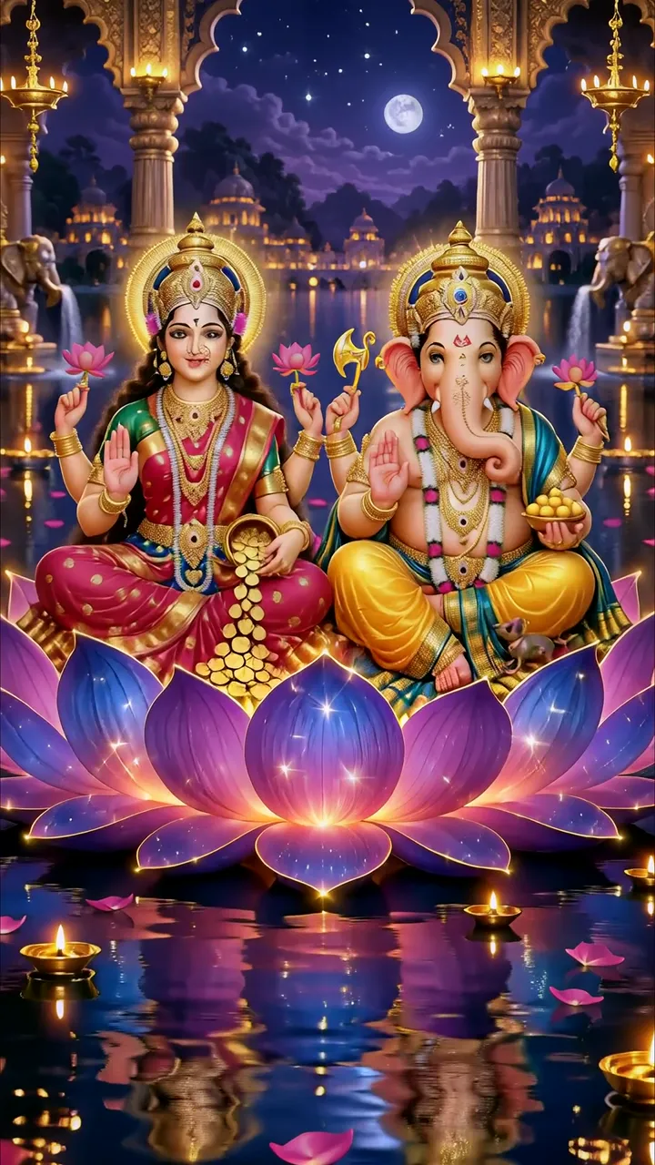 Radha Krishna Divine Lotus Night Scene With Temple Reflection