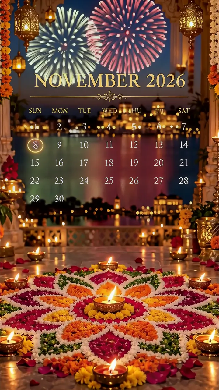 November 2026 Diwali Festival Calendar With Fireworks And Floral Rangoli