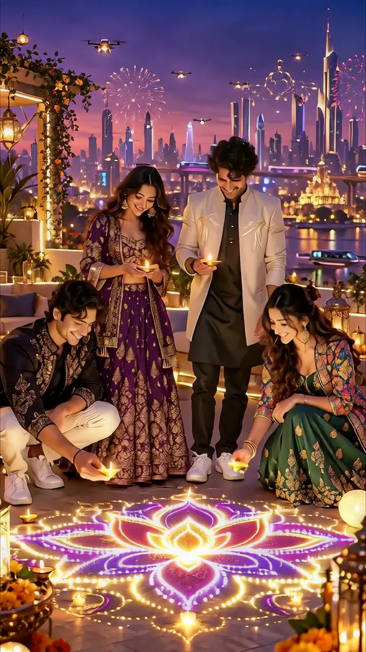 Romantic Diwali Celebration With City Lights And Fireworks