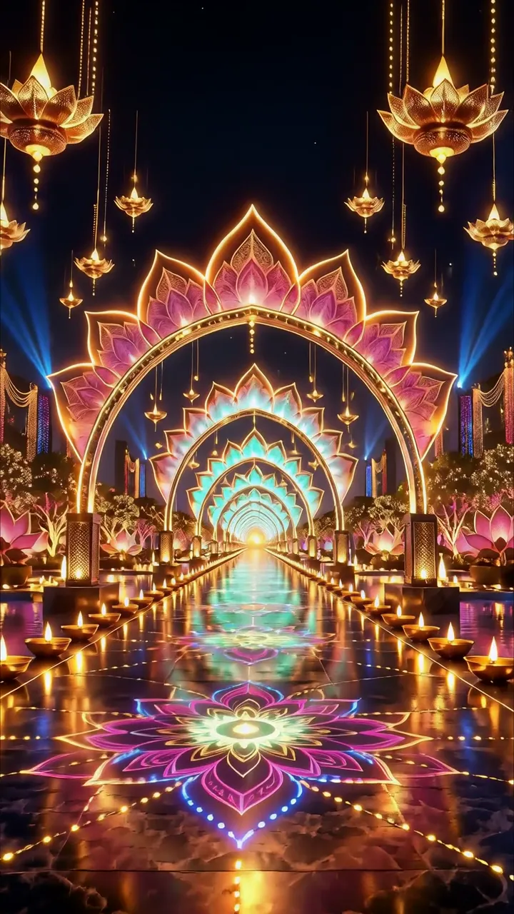 Glowing Lotus Mandala Temple Path With Hanging Lanterns