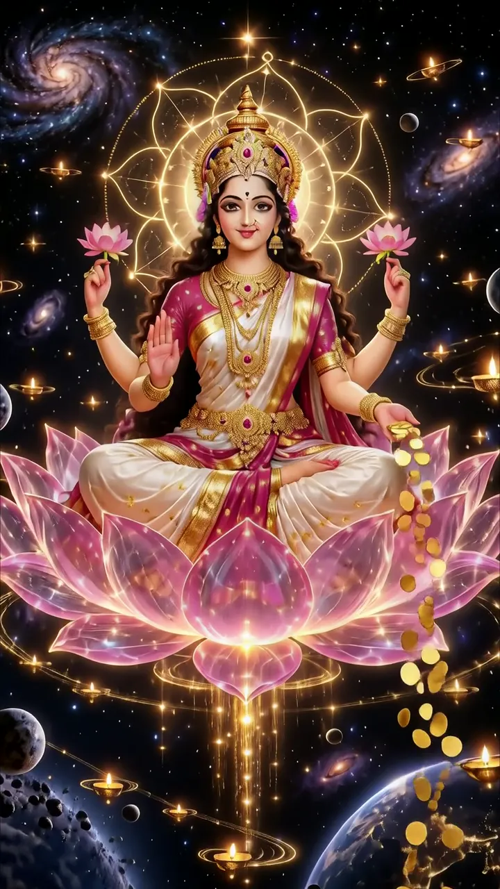 Lakshmi Goddess Of Wealth Sitting On Pink Lotus In Cosmic Space