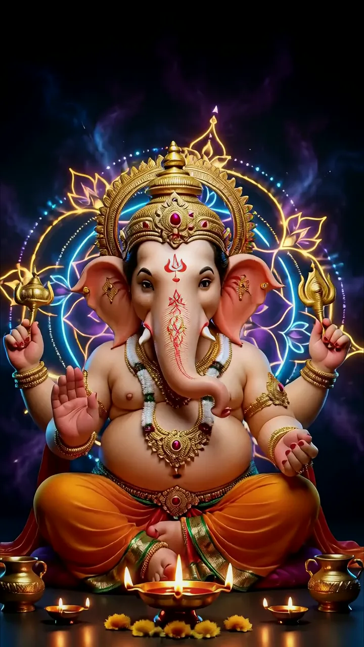 Ganesha With Golden Crown And Lotus Aura